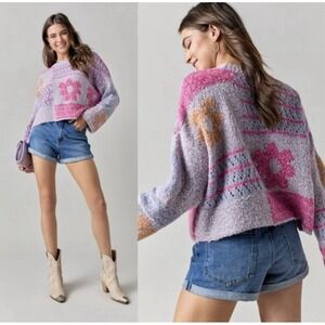 Anthropologie Moon & Madison  Cropped Patchwork Wool Blend Sweater Sz S NWT BOHO
